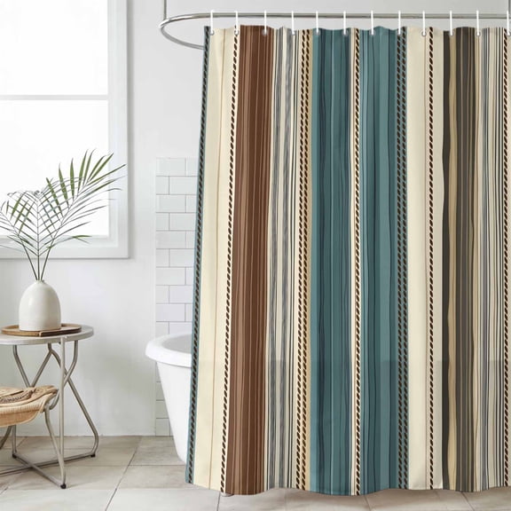 Teal Boho Stripes Shower Curtain, Waterproof Shower Curtains for Bathroom, Modern Bohemia Brown Beige Texture Washable Fabric Cloth Bathroom Curtain Set Bathtub Decor with Hook 36''x72''