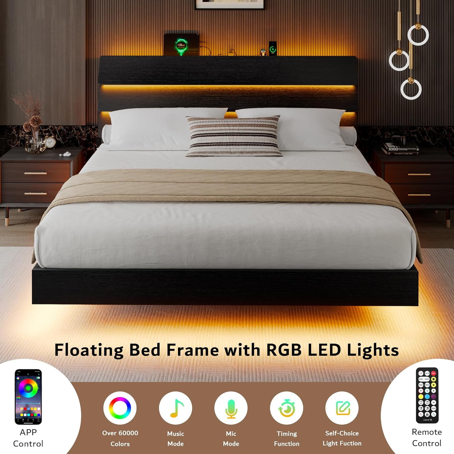 Honfach Floating King Size Bed Frame with LED Lights & Charging Station, Platform Bed with Wooden Storage Headboard, Black.