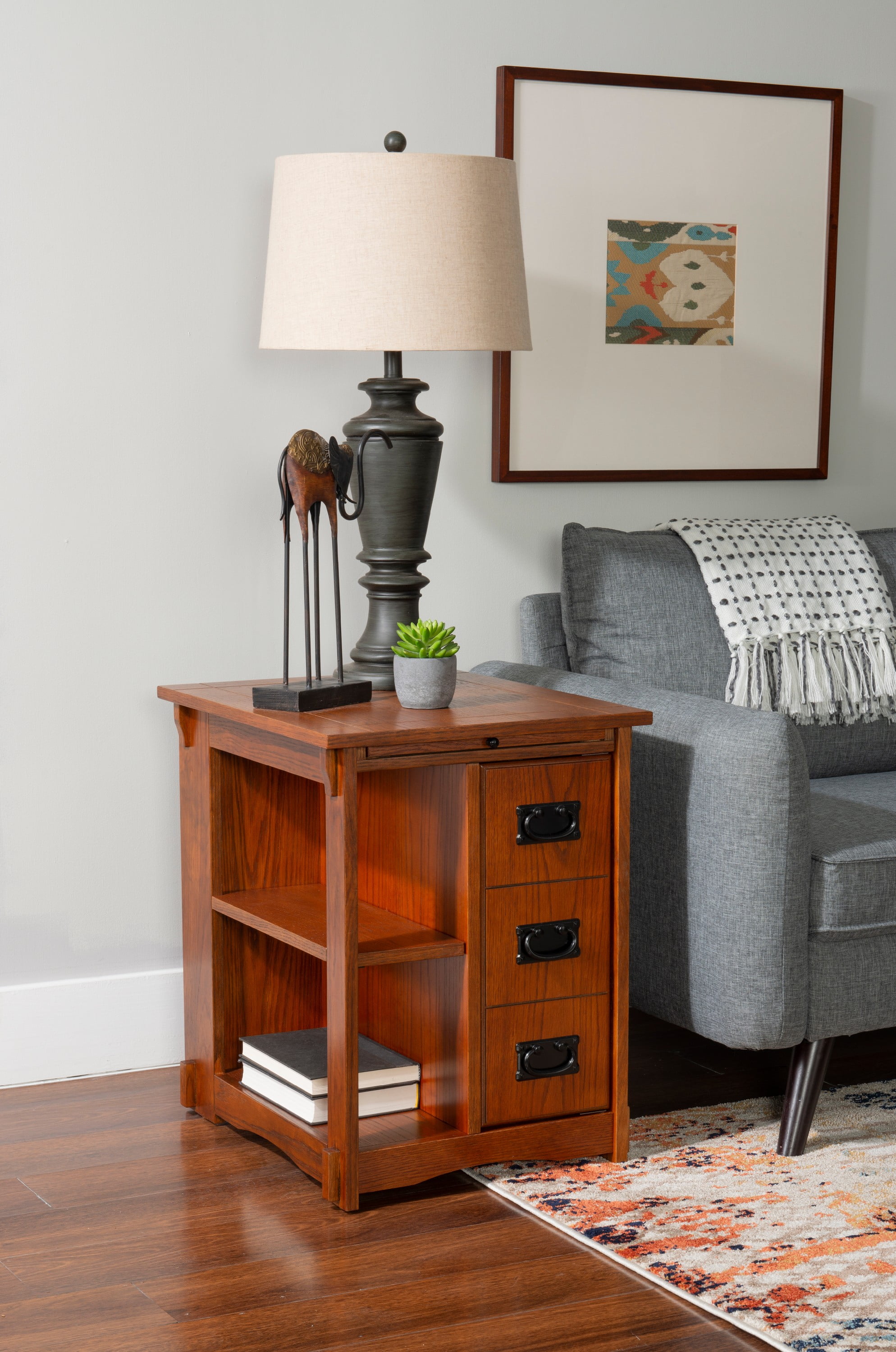 Parnell Farmhouse MultiFuncional End Table with Storage, Mission Oak