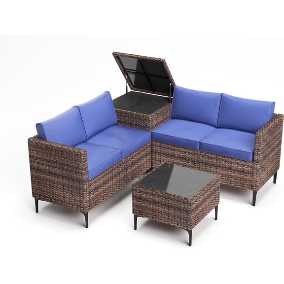 4-Piece All-Weather PE Rattan Patio Sectional Furniture Set with Loveseat Sofa, Coffee Table with Storage-Ideal for Backyard, Poolside, and Porch Conversation(Blue Brown )