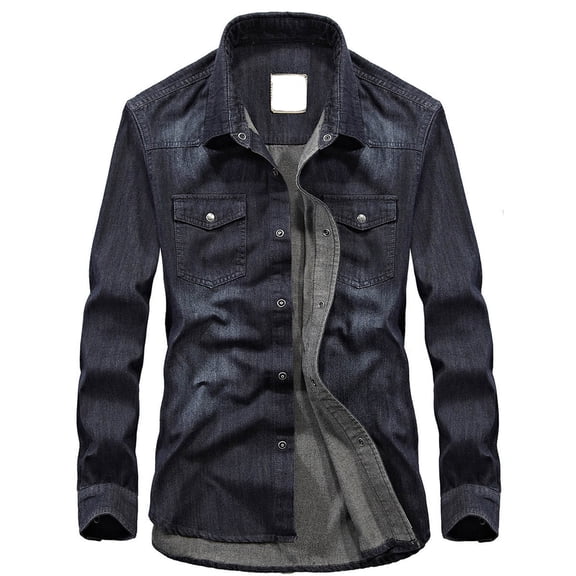 Miqool Men's Slim-Fit Long-Sleeve Washed Denim Shirt Casual Vintage Lapel Button Down Shirt Jean Shirt Cotton Work Shirts with Chest Pockets