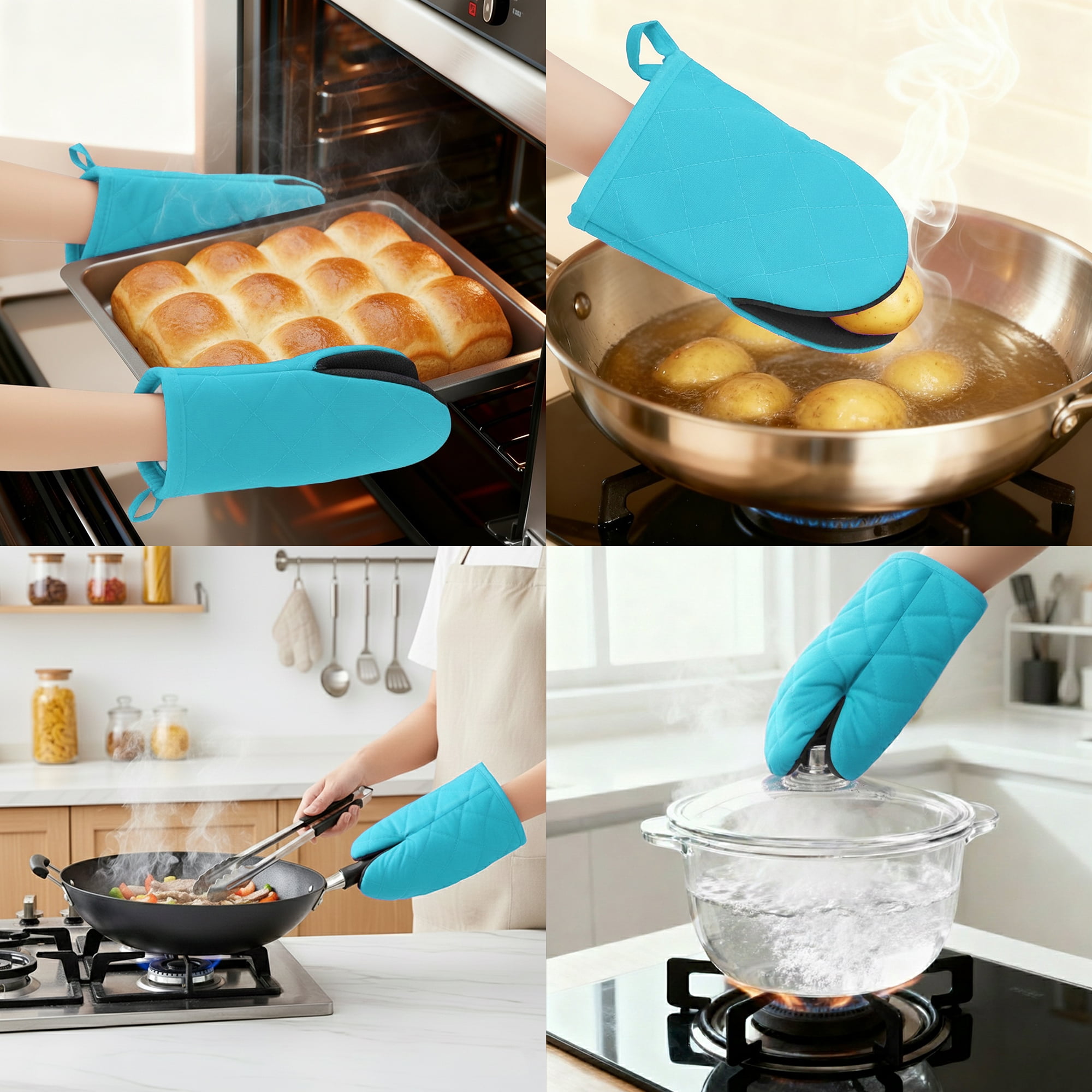 Unique Bargains Oven Mitts Heat Resistant Cooking Gloves Blue 7.9x5.7inch