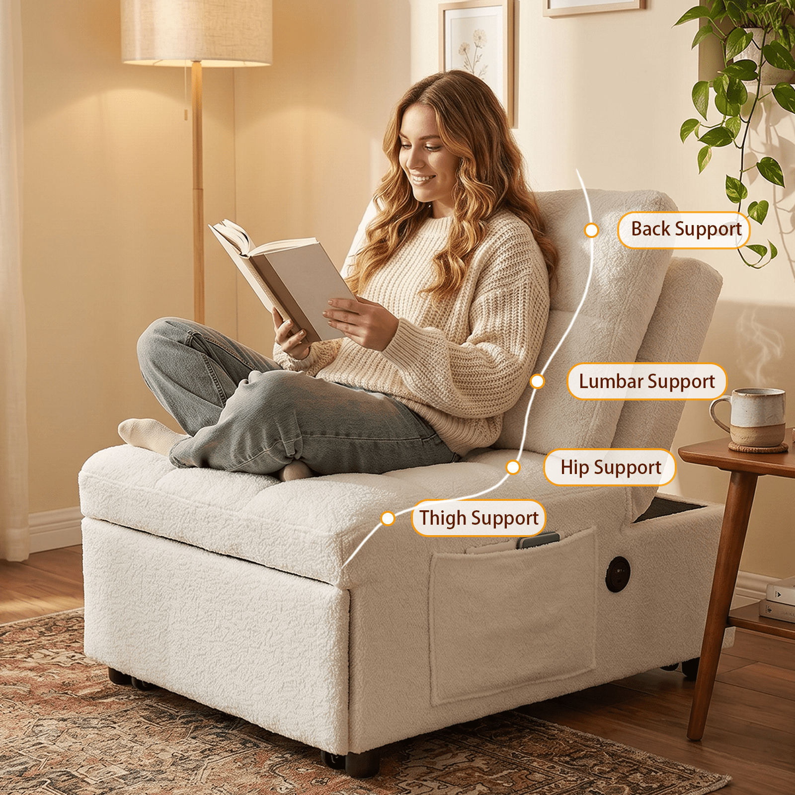 3-in-1 Convertible Sleeper Chair with USB Charging Port,Teddy Pull-Out Futon Sofa Bed Recliner Chair for Living Room, Small Spaces,White