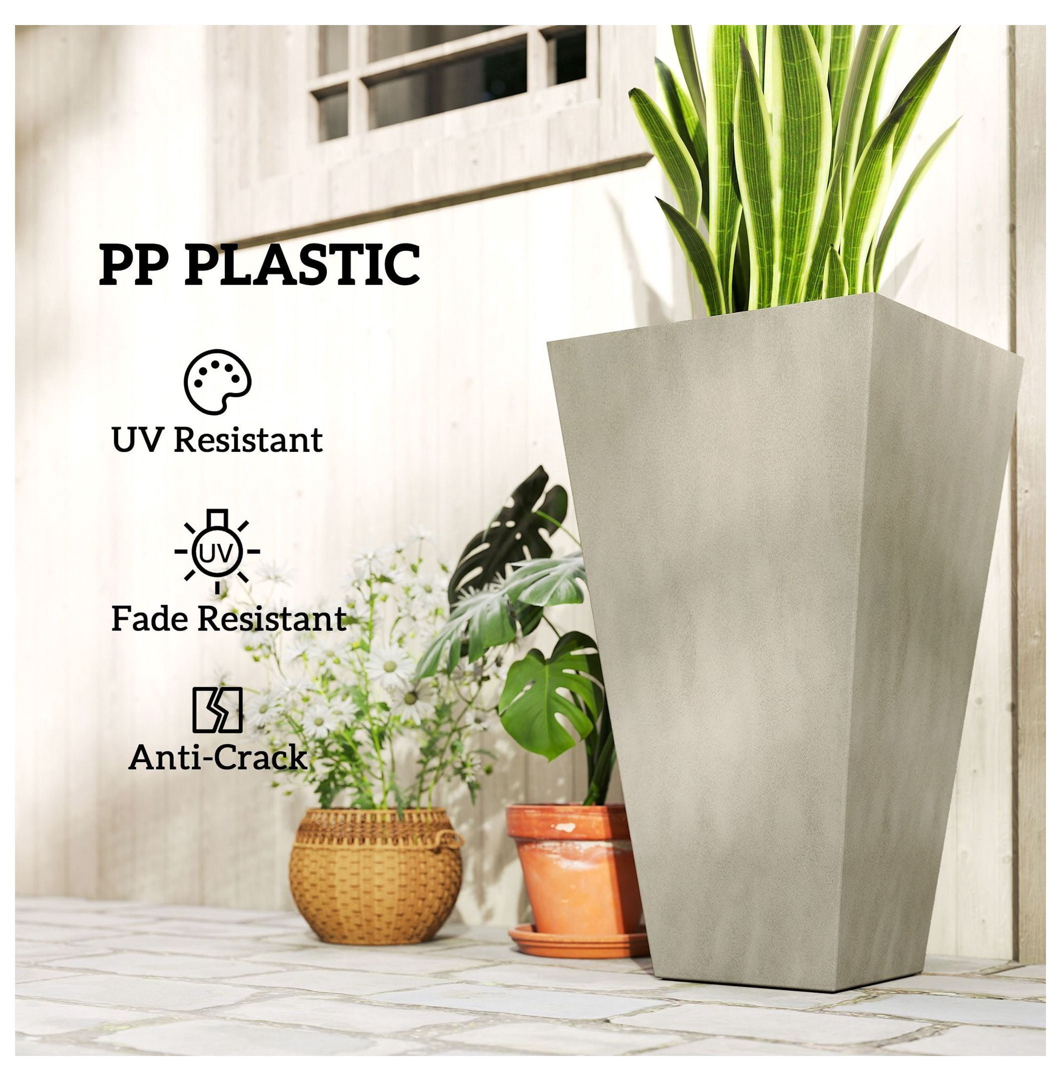 3 x 28" Tall Plastic Planters with Drainage, Outdoor Flower Pots, Indoor Plant Containers for Patio, Deck, Gray