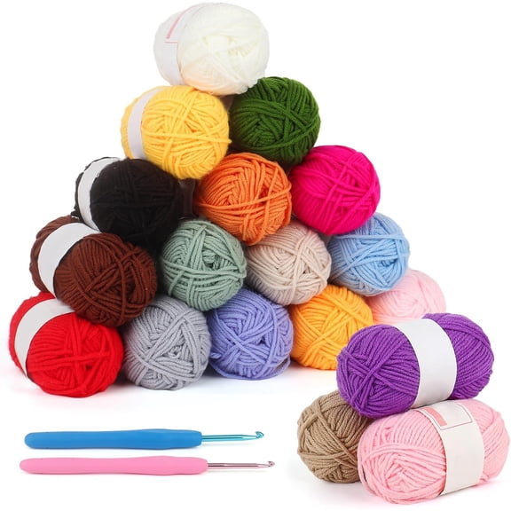 25gx18 Colors Crochet Pack with Hooks (3mm+4mm), 1377yd Acrylic Yarn for Animal Kit, Multicolor 4ply Soft Yarn Set