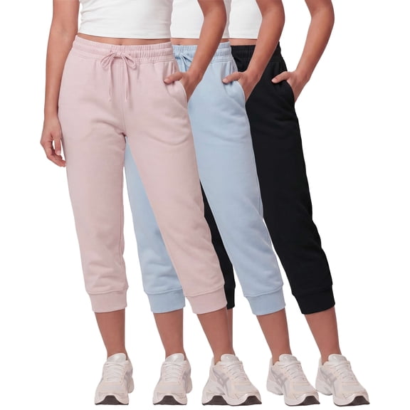 Real Essentials 3 Pack: Women’s Fleece Capri Joggers Athletic Lounge Gym Running Sweatpants with Pockets (Available in Plus)