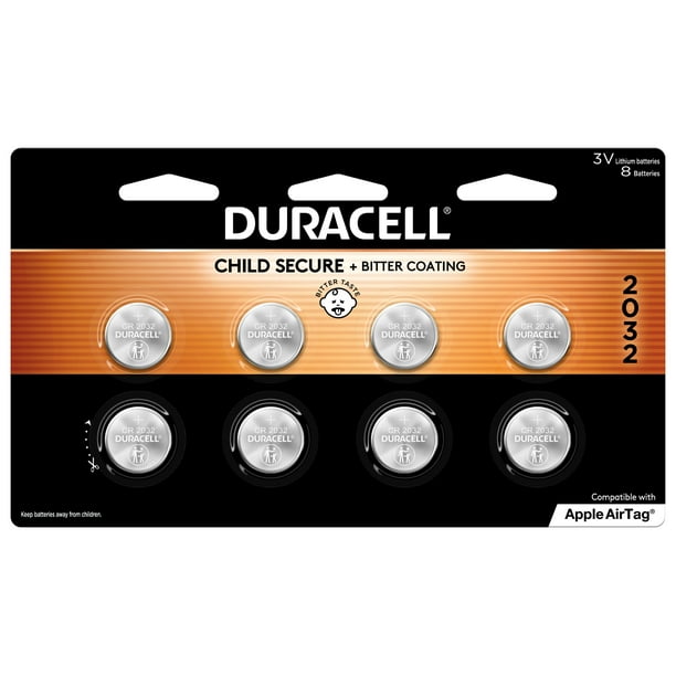 Batería de Litio Duracell 2032. Paquete de 8 unidades. Funciones de seguridad infantil. Compatible con Apple AirTag, Key Fob y otros dispositivos. Batería tipo botón de litio CR2032. Celda de litio CR