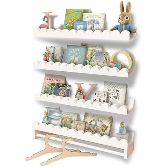 Upgraded Thick Nursery Book Shelves Wall Mounted – 4-Pack Floating Shelves with Upgraded Hanging Rod for Baby Room Organization, Parent-Installed Display for Books, Toys & Clothes (White)