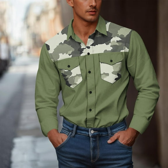 Cowboy Shirts for Men Western Long Sleeve Big and Tall Camouflage Print Work Shirt Button Down with Two Pockets Workwear Army Green L