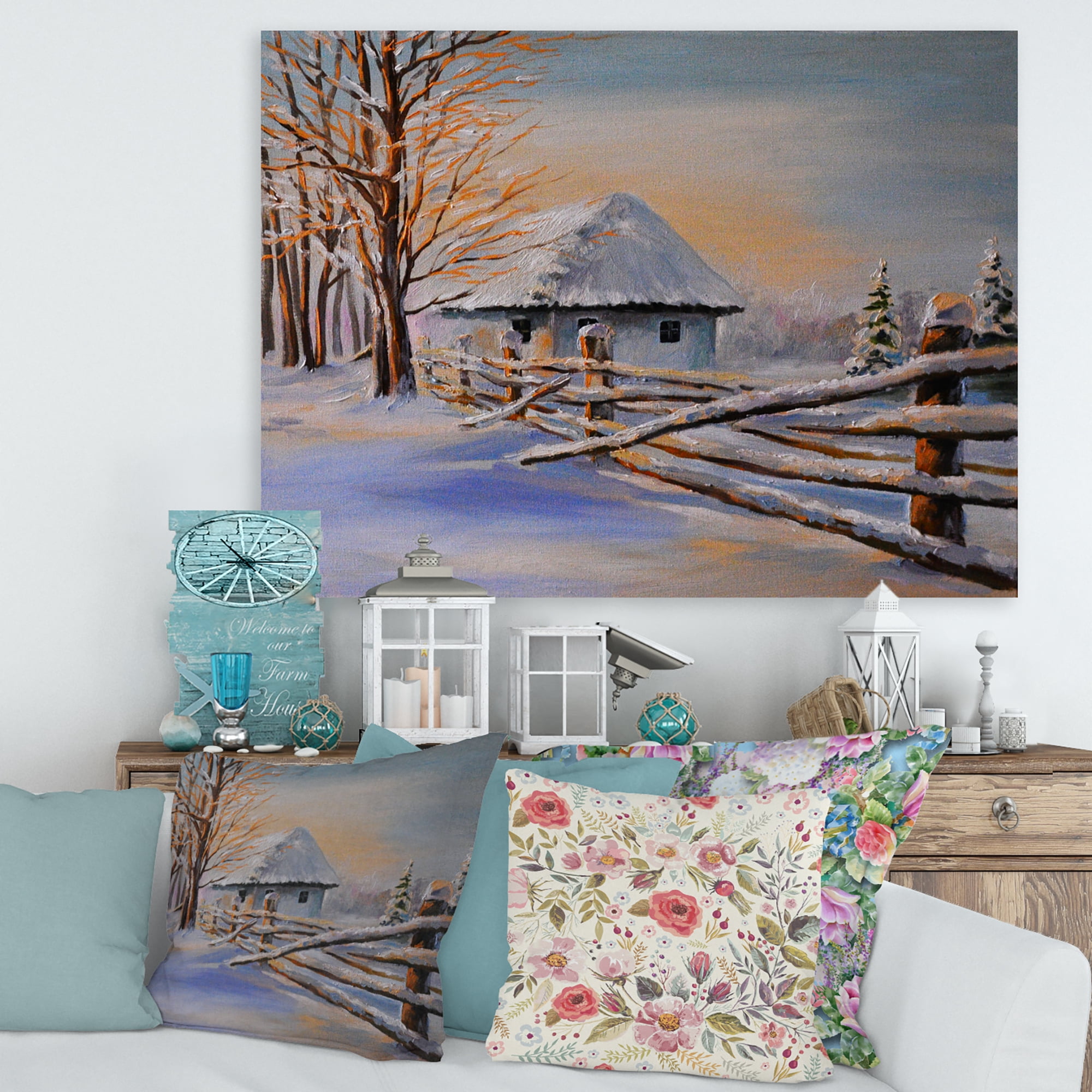 Designart ' Traditional Cottage Covered With Snow In Winter II ' Traditional Canvas Wall Art Print