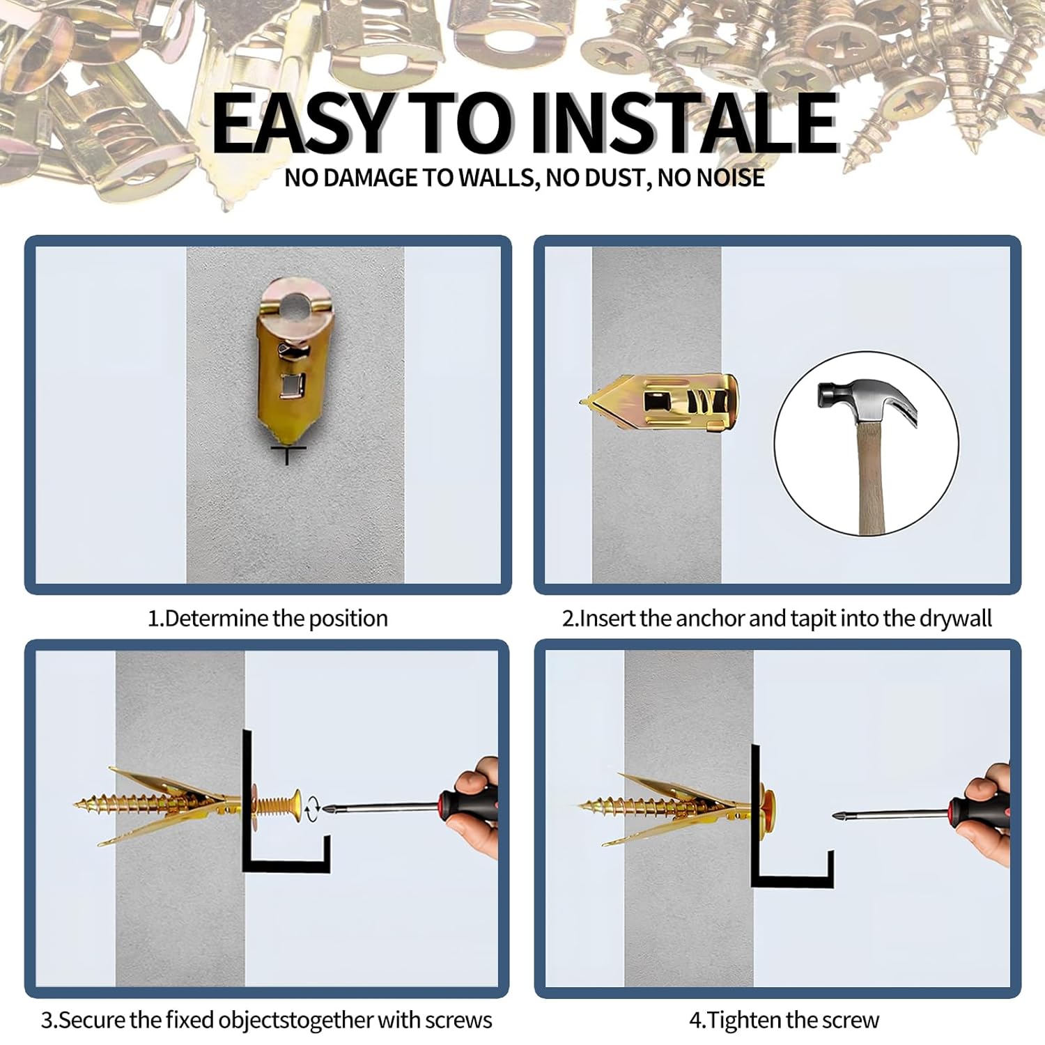 100 PCS Drywall Self Drilling Anchors with Screws Kit,50 PCS Sheetrock Anchors (0.47X1.18inch) and 50 PCS Screws, Eliminating The Need for Drilling or Punching Holes in The Wall