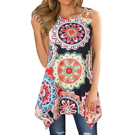 Floral Print Silk Tunic - 711ONLINESTORE Women Floral Printed Sleeveless Irregular Hem Tunic Blouse
