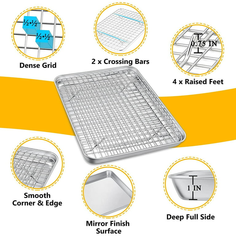 12 inch Baking Pan with Rack Set (1 Pan & 1 Rack), Stainless Steel Quarter Size Toaster Oven Tray with Cooling Rack, Heavy Gauge & Commercial Grade
