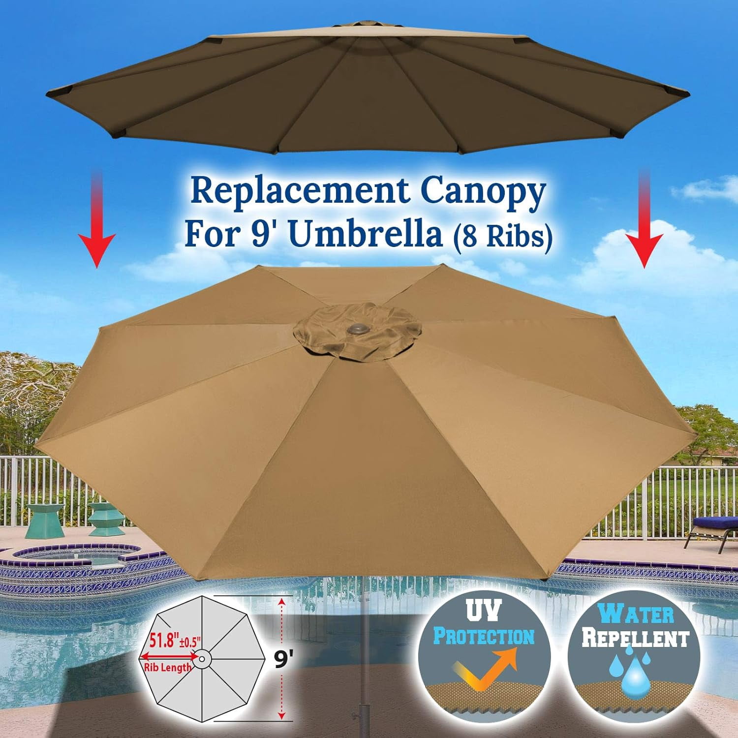 ALUVIERA 9ft Umbrella Cover Only for 8 Rib Outdoor Patio Umbrella Replacement Canopy Top