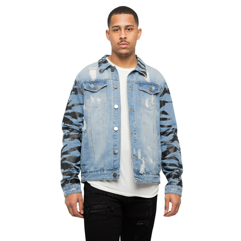 G-Style USA Men's Victorious Distressed Tiger Stripe Camo Jean Jacket