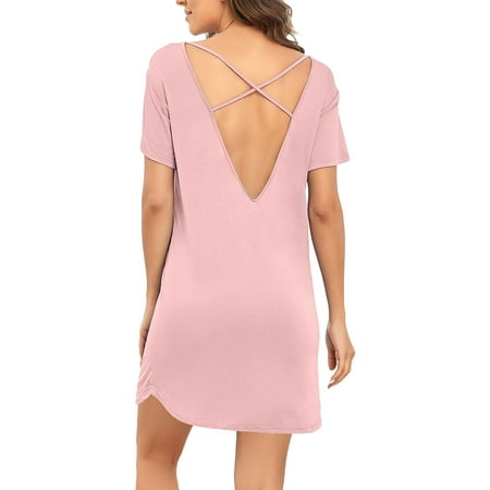 

Sexy Nightgown for Women Modal Crisscross Pajamas Backless Sleepwear Women Short Sleeve Sleep Shirt/Dress Round Neck Soft Nightshirts Plus Size