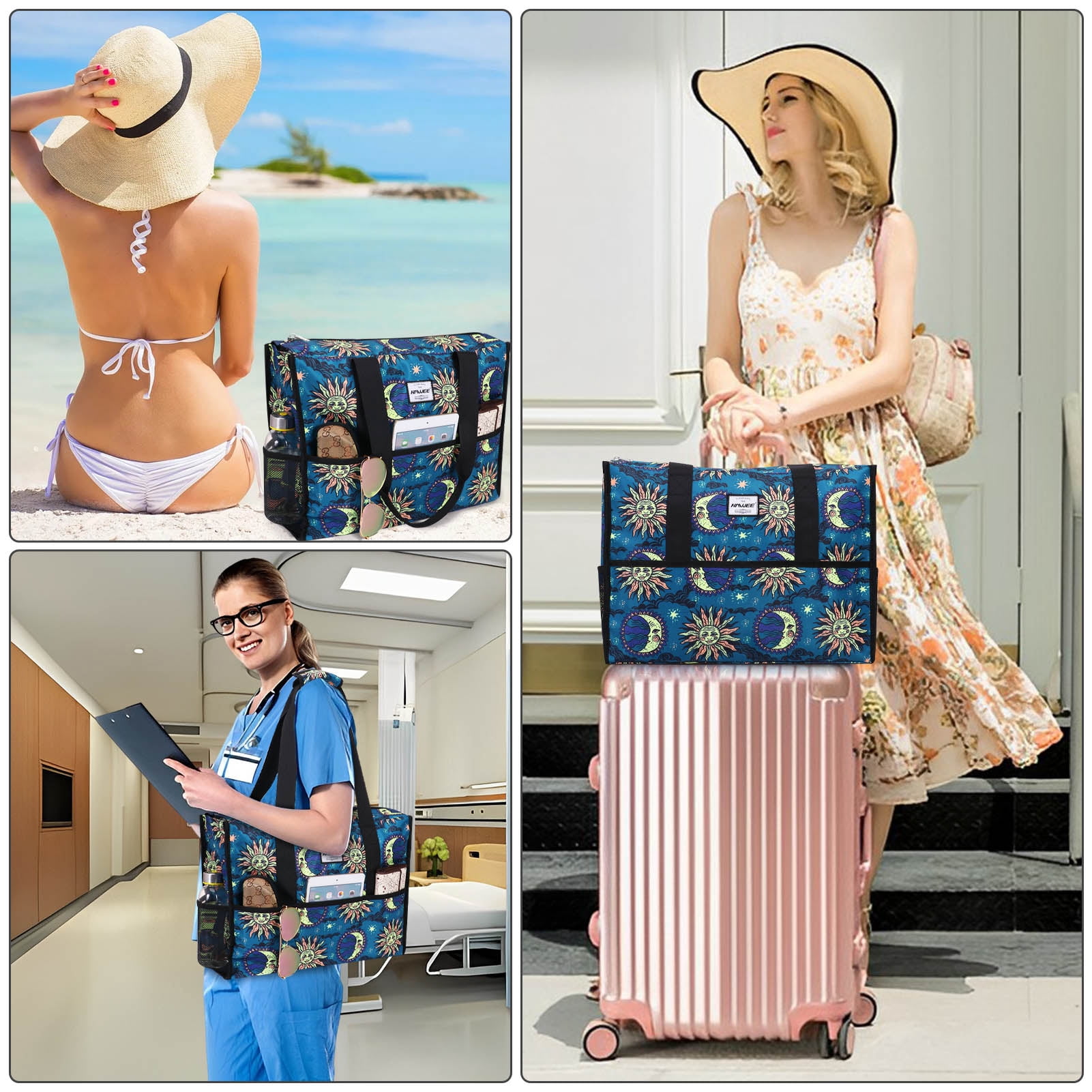 HAWEE Multi Pocket Tote Bag with Laptop Sleeve Large Multipurpose Organizer Bag for Teachers/ Nurses/ Doctor/ Traveller, Sun and Moon