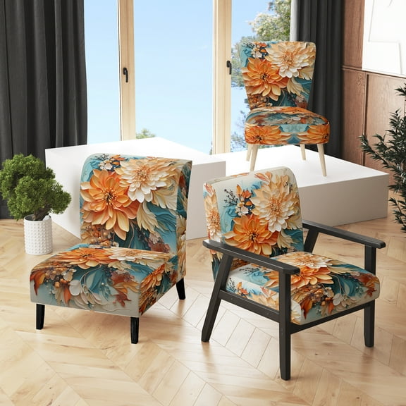 Designart "Orange Teal botanic Whirlwind I" Orange Abstract Upholstered Accent Chair - Modern Arm Chair For Bedroom