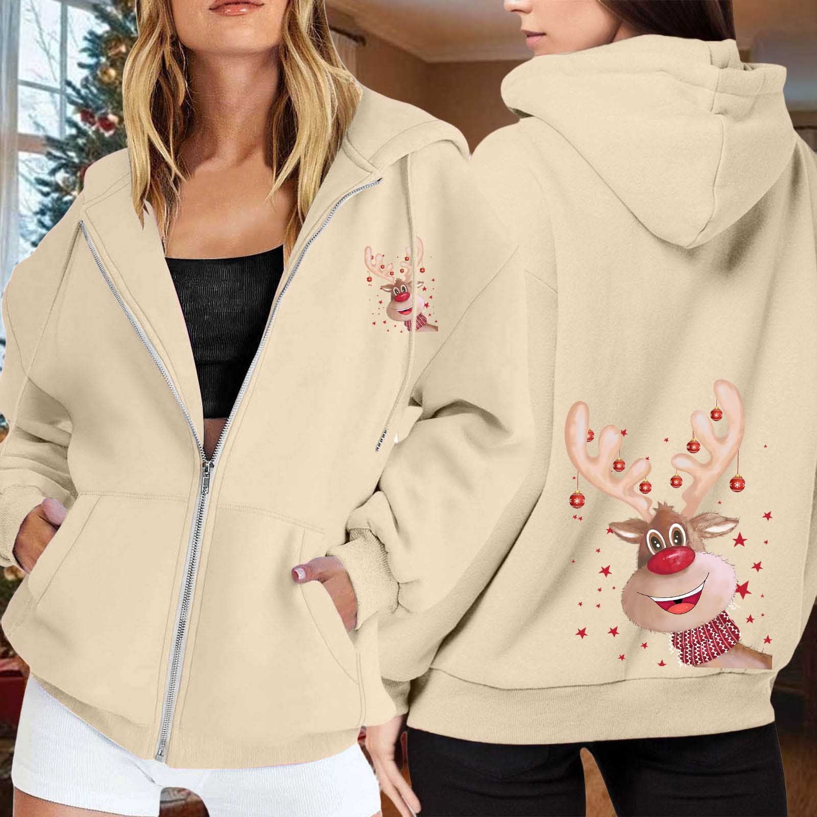 Ugly Christmas Hoodies for Women Zip Up Xmas Graphic Print Fleece Hooded Sweatshirts Funny Holiday Party Casual Jackets