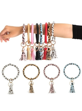 DODOING Women and Girls Leather Wristlet Keychain Bracelet Bangle Round Key  Ring Large Circle Tassel Key Chain Bracelet Holder for Women Girls