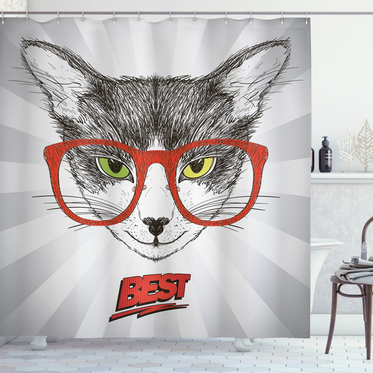 Nerdy Shower Curtain, Cat Portrait Hipster Glasses on Starburst Stripes