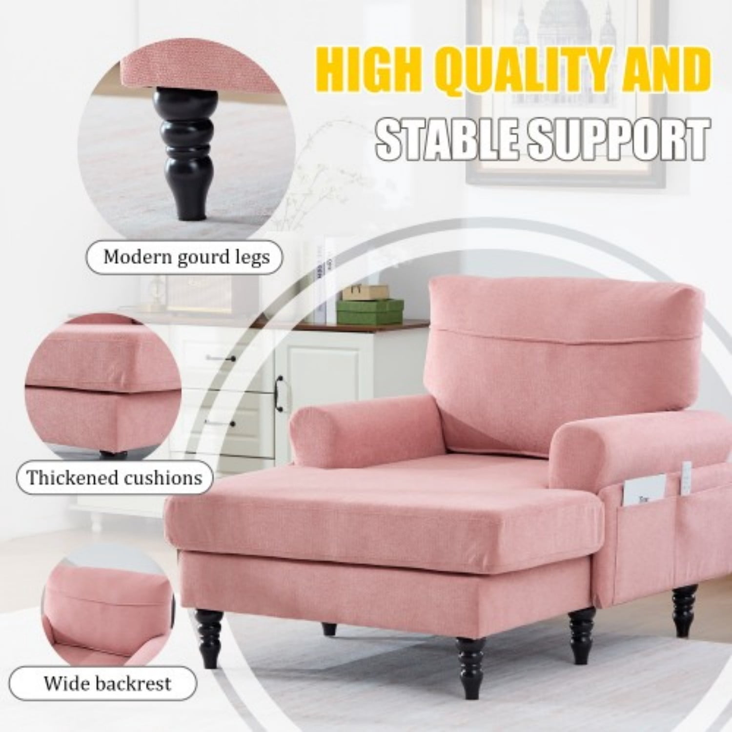Chenille Chaise Lounge Chair, Oversized Upholstered Recliner Sofa with Wide Seat, High Density Foam Backrest, Solid Wood Legs & Side Pockets for Living Room, Bedroom, Office, Pink