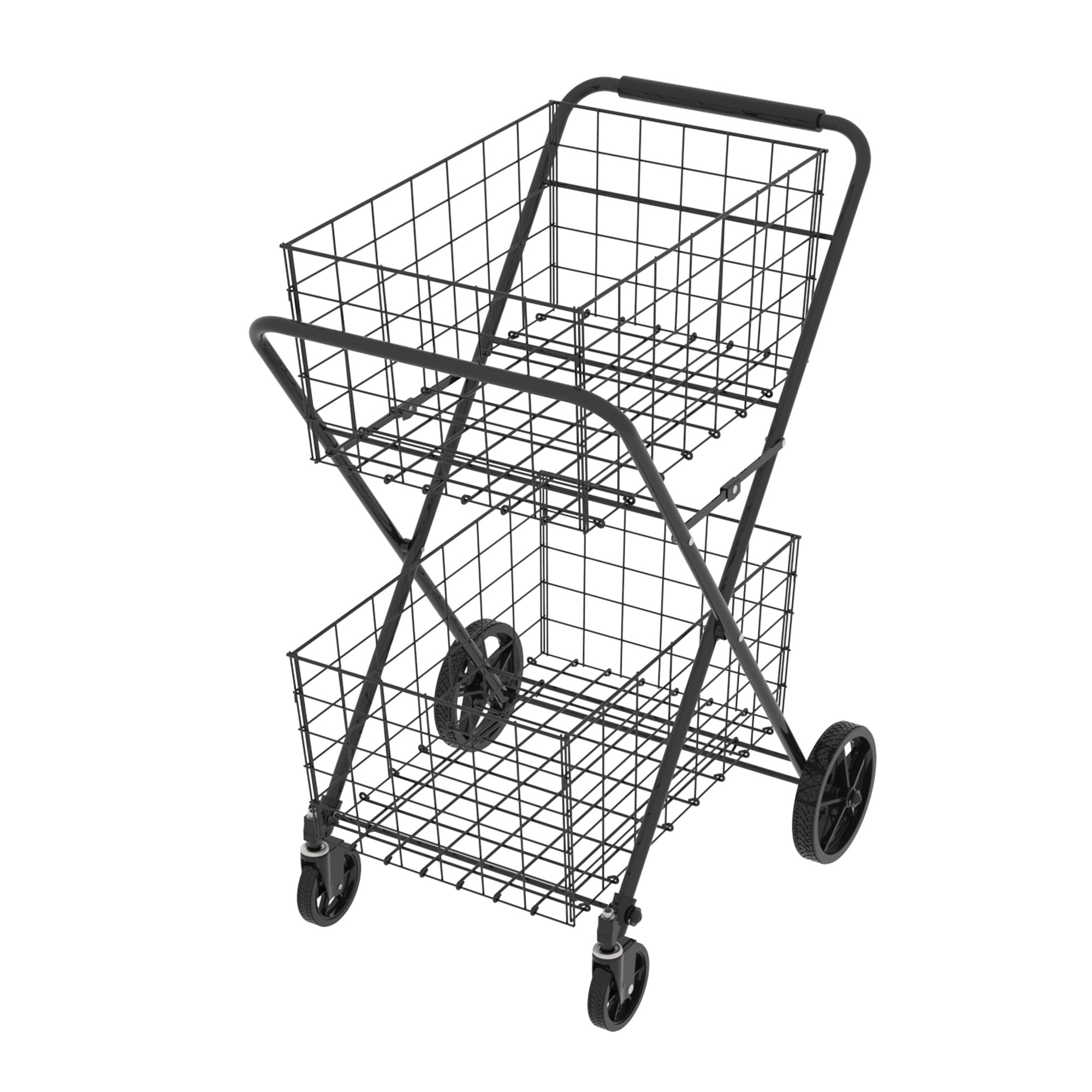 Shopping Cart,2 Layers Grocery Cart on Wheels,Foldable Utility Shopping Carts with Double Basket and 360° Rolling Swivel Wheels