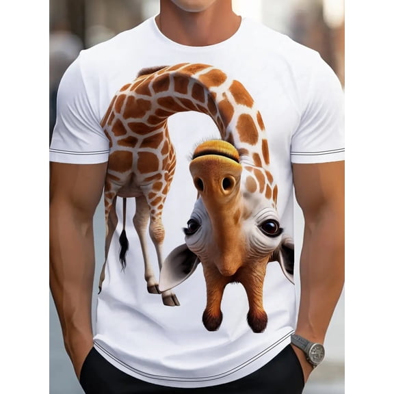 Men's 3D Digital Print Giraffe Pattern T-Shirt - Casual Crew Neck Short Sleeve T-Shirt, Lightweight and Breathable, Perfect for Summer, Perfect for Casual Wear, Brown and Blue Spotted Top