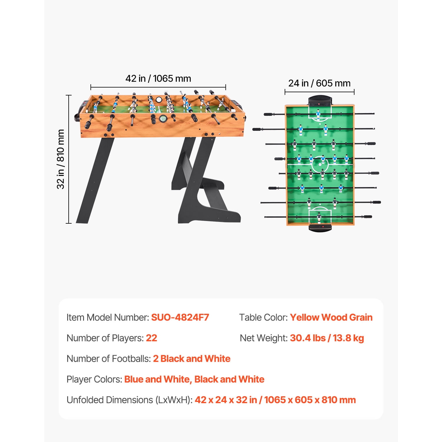 KFFKFF Folding Foosball Table, 42-Inch Standard Size, Indoor Soccer Game Table for Home, Family, and Game Rooms, Sturdy Design with 2 Balls Included