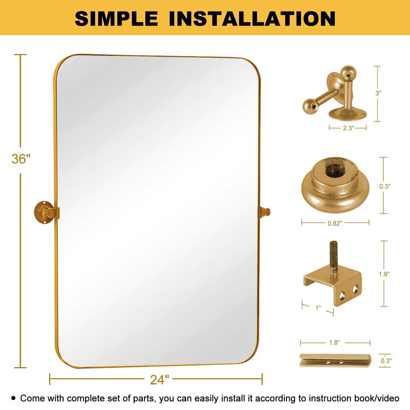 MAYEERTY Gold Metal Round Corner Rectangular Wall Mirror Iron Frame Decorative Hanging Mirror