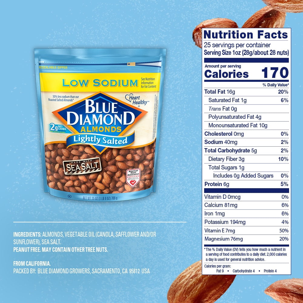 Blue Diamond Low Sodium Lightly Salted Almonds 25 oz - 3 Pack