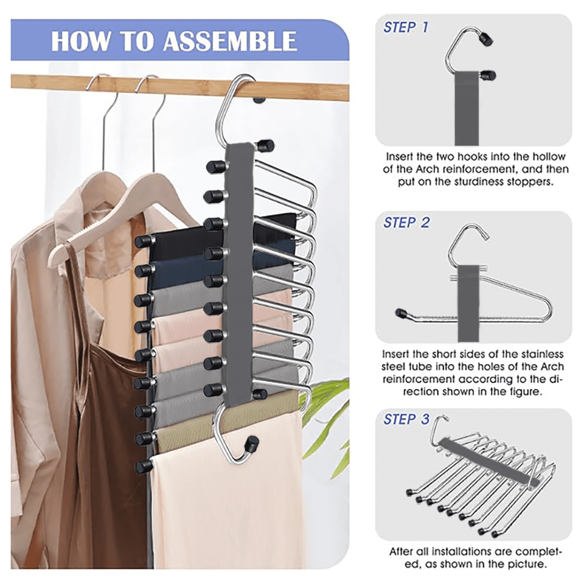 3 Pack Pants Space Saving Hangers ,Space Saving 2 Pack 6 Tier and 1 Pack 9 Tier Pant Hangers, Anti-Slip, Stainless Steel,  Black
