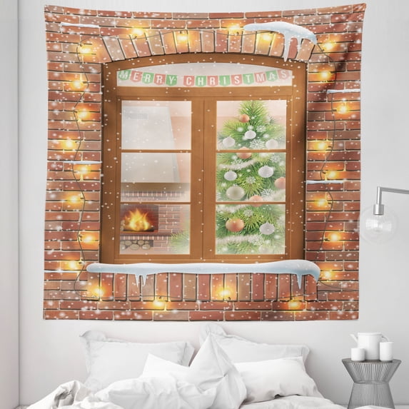 Christmas Tapestry, View Through a Window on the Interior of a Christmas Living Room and a Fireplace, Fabric Wall Hanging Decor for Bedroom Living Room Dorm, 5 Sizes, Multicolor, by Ambesonne
