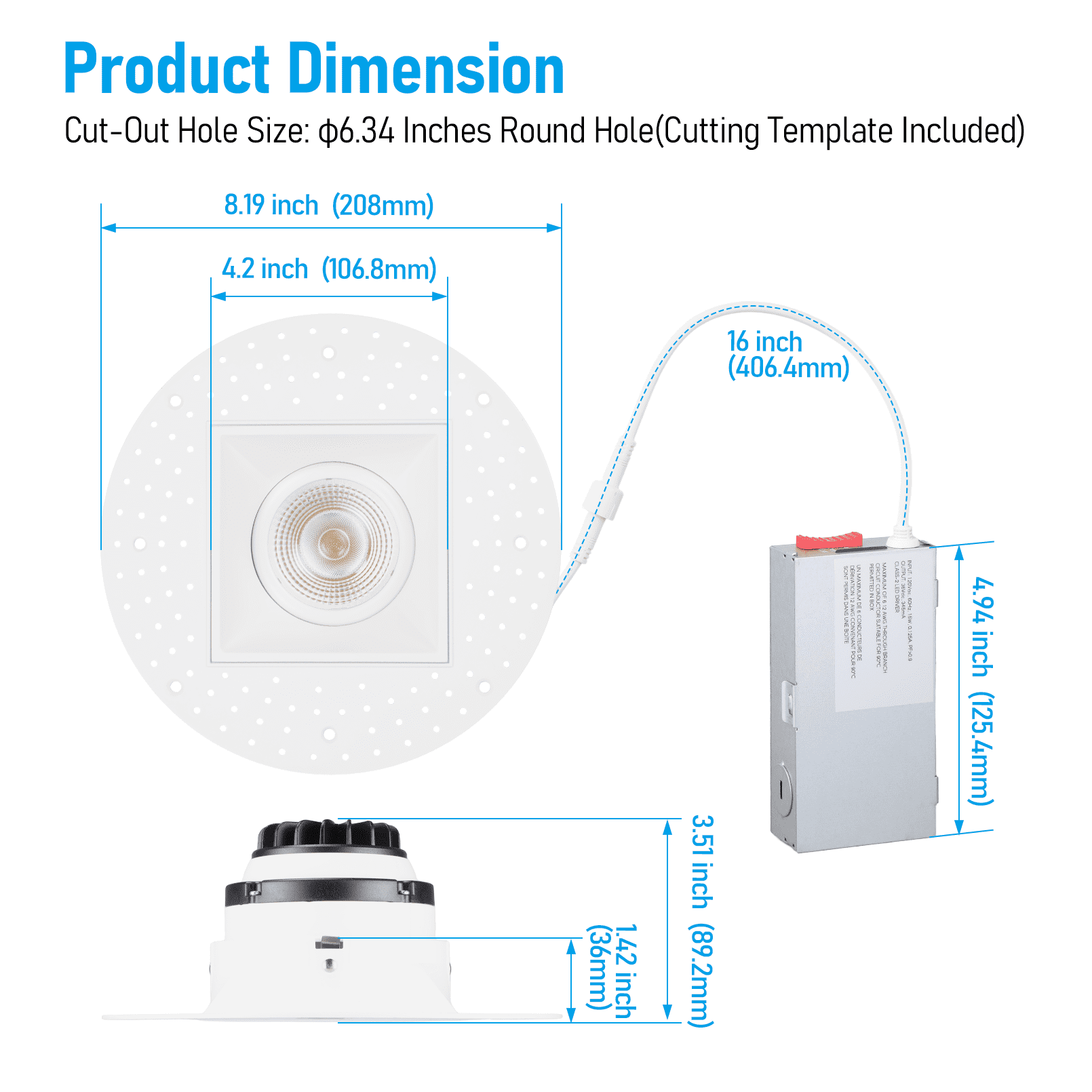 4 Pack 5CCT Square Adjustable Trimless 4-Inch LED Gimbal Recessed Light, 15W 120V Dimmable Ceiling Canless Downlight with J-Box, 2700K/3000K/3500K/4000K/5000K Selectable, White