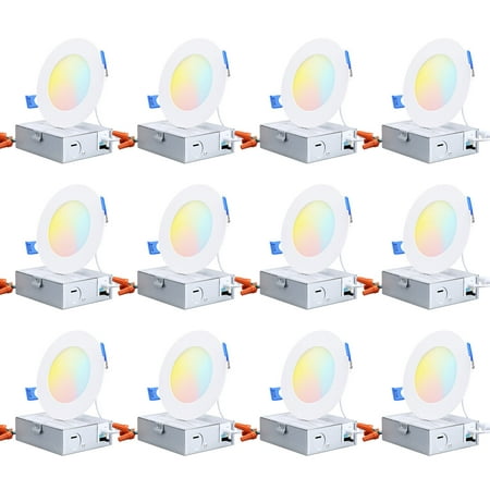 

TORCHSTAR 12-Pack 4 LED Recessed Light with J-Box 2700K/3000K/3500K/4000K/5000K Five Color Selectable Dimmable 10W CRI 90+ Ultra-Thin Wet Location Available ETL & Energy Star Listed