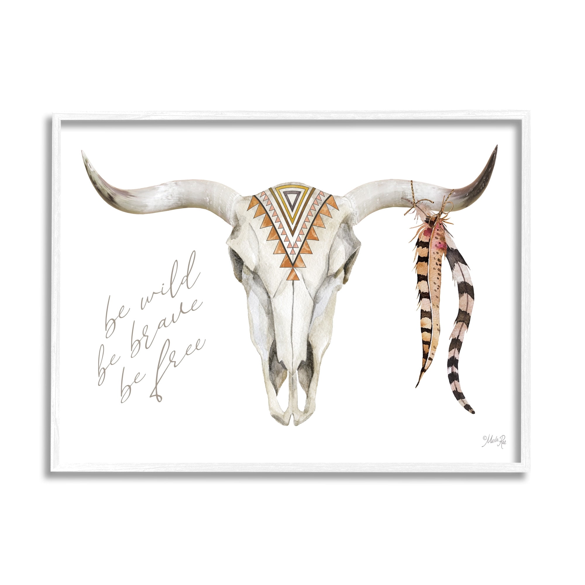 Stupell Industries Be Wild Longhorn Boho Bull Geometric Feather Patterns,20 x 16, Design by Marla Rae