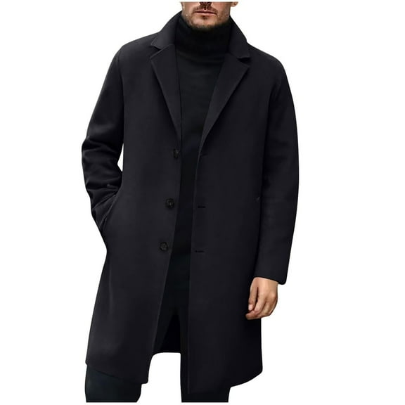 Men's Wool Blend Trench Coat - Notched Collar Single Breasted Business Casual Winter Overcoat With Pockets, Black, Size L