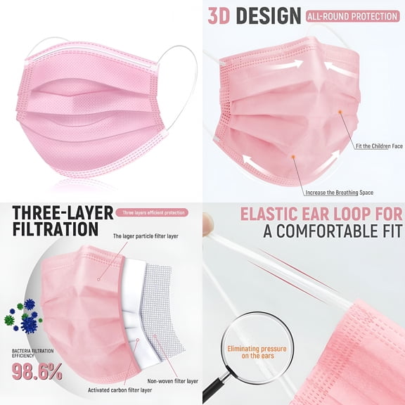 XIRQI Kids Face Masks 50 Pack Ages 4-12 Disposable 3-Layer Protection Filter Child Face Mask for Kids Safety Anti Dust Cove