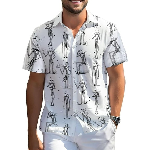 Character Halloween Holiday Horror Movie Hawaiian Shirt, Horror Button Short Sleeve Top, Fantasy Themed White Aloha Shirts