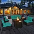 thumbnail image 1 of Costway 7 PCS Patio Furniture Set with 28" 50000 BTU Propane Gas Fire Pit Table Cushions Turquoise, 1 of 10