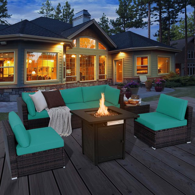 Costway 7 PCS Patio Furniture Set with 28" 50000 BTU Propane Gas Fire Pit Table Cushions Turquoise