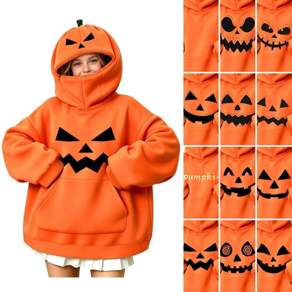 Sentuca Girls and Boys Hoodies Halloween Innovation Pumpkin Long Sleeve Sweatshirts Solid Color with Pockets Warm Kids Clothes Size 9Y