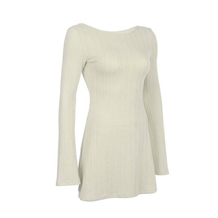 Women Backless Bodycon Mini Short Dress Long Sleeve Knit