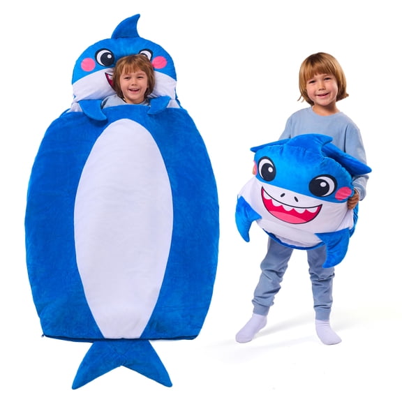 Joyfy Kids Sleeping Bag Blue Shark Toddler Nap Mat with Pillow & Blanket 60"x39", Soft Plush Sleeping Mat for Preschool Daycare Ages 3