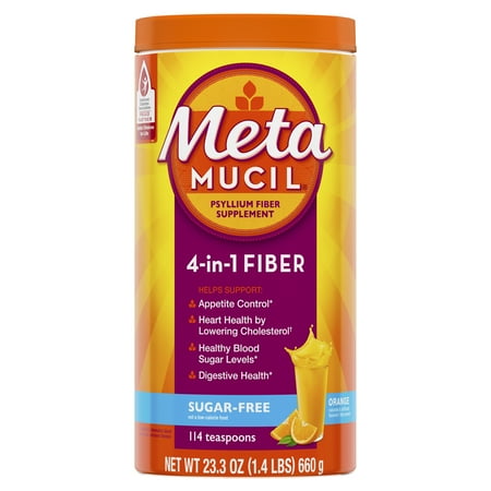 Metamucil 4-in-1 Psyllium Fiber Powder, Sugar-Free, Orange, 130 tsp