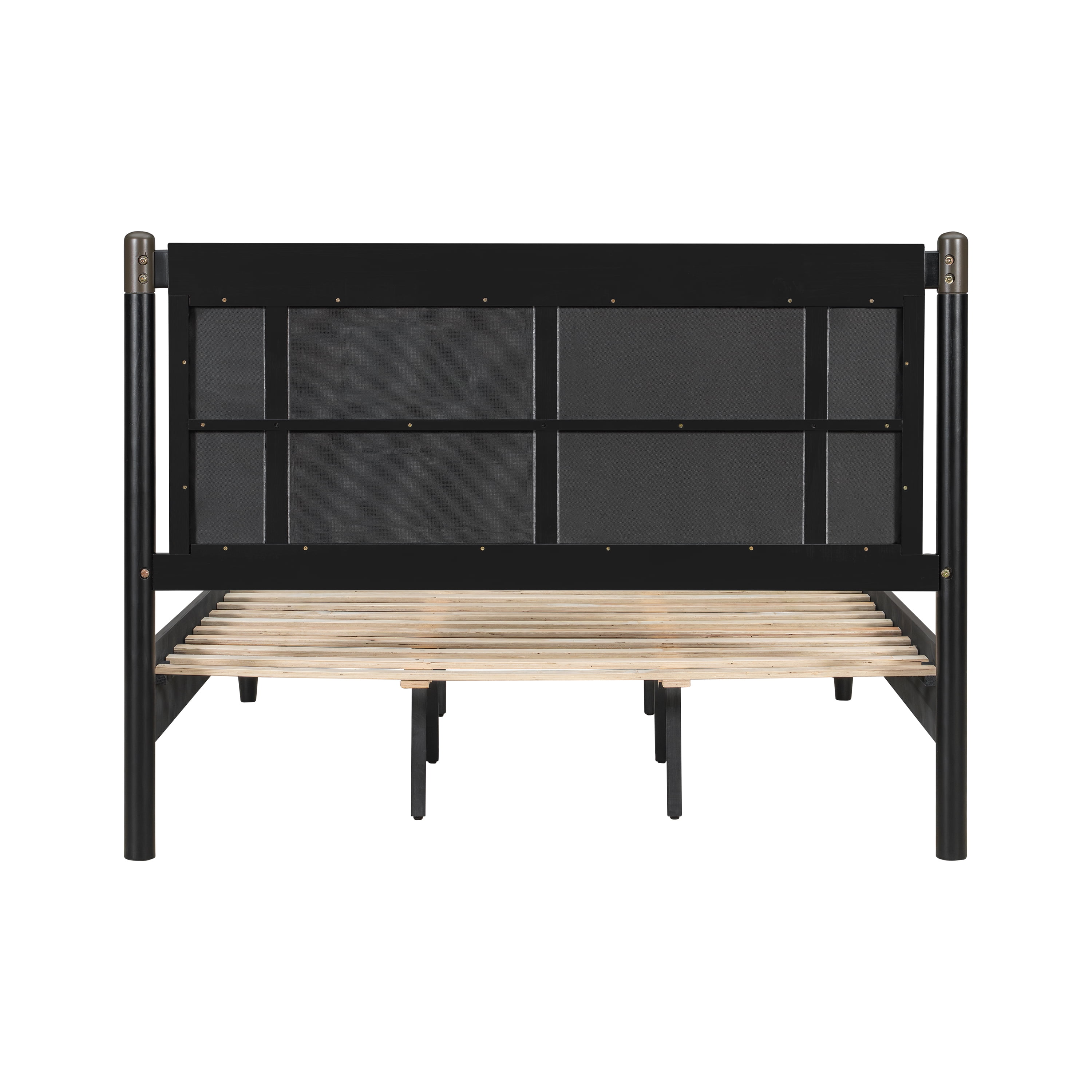 Queen Bed Frame 81 Inch, Solid Wood Platform Bed with Upholstered Headboard and Metal Handles, Heavy Duty Bed Frame with 500 lbs Support, Black