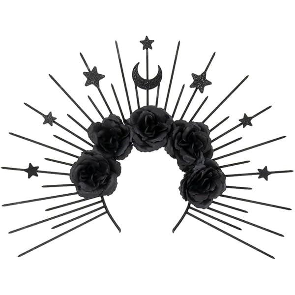 wonima44 Halloween Black Rose Goddess Halo Crown Headband Gothic Flower Stars Moon Sunburst Zip Tie Spike Sun Headpiece for Cosplay Costume Day of The Dead Masquerade Party