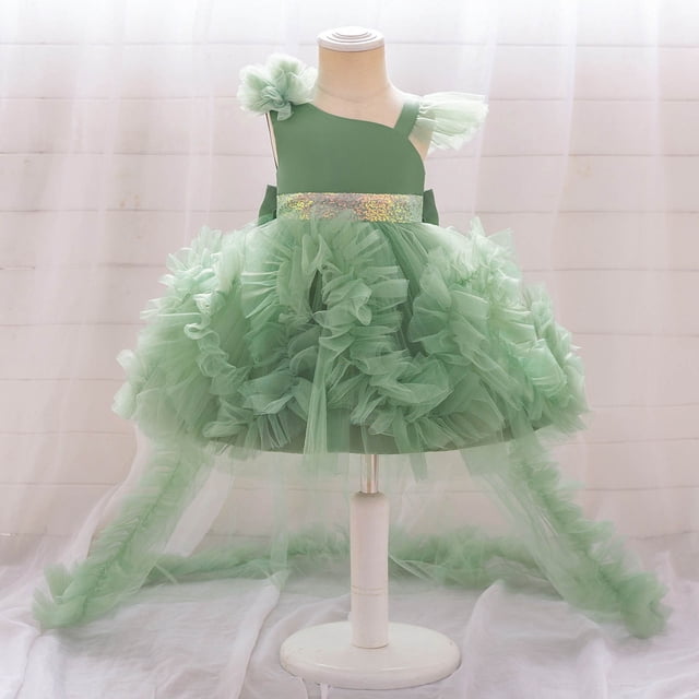 FYDUU Robe de Fête Formelle pour Tout-Petites Filles, Robe en Tulle à Volants avec Longue Traîne, Robe de Princesse pour Enfants, Robe de Fête d'Anniversaire, Robe de Concours, 18-24 Mois