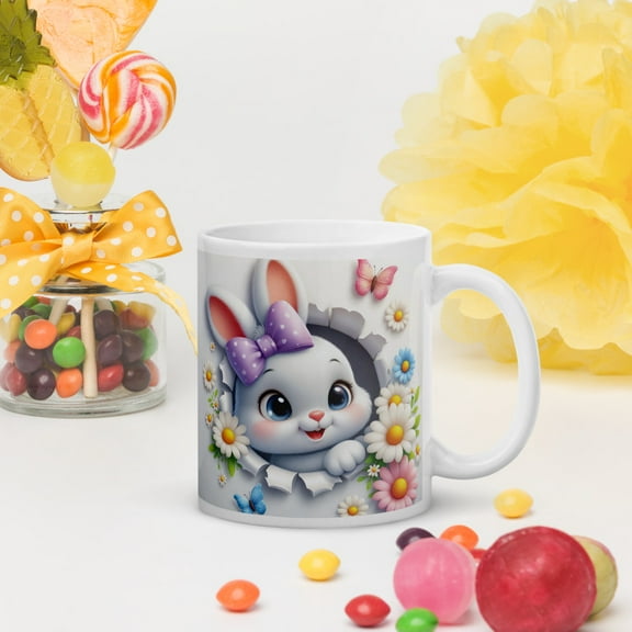 Easter Bunny 3D Mug, Bunny Rabbit, Flowers, Butterflies, Gift for Her, Christian