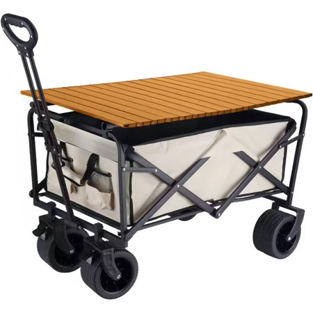 Collapsible Folding Wagon Cart, Heavy Duty Wagon with Aluminum Tabletop, Foldable Utility Camping Park Wagon Cart with All Terrian Wheel for Garden, Beach, Khaki
